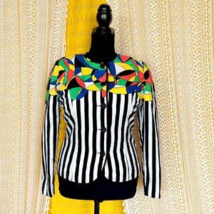 Vintage Anne Crimmins Maximalism Colorful Black & White Striped Jacket Size S-M
